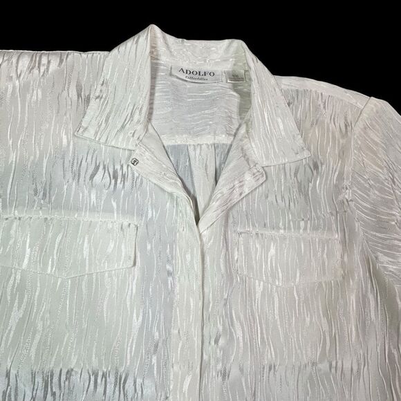 Vintage 90s Adolfo Collectibles White Self pattern Long sleeve Blouse size 9/10 - Picture 8 of 13